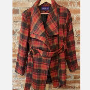Madden Girl Red Plaid Wool Blend Belted Asymmetrical Zip Coat – Women's M